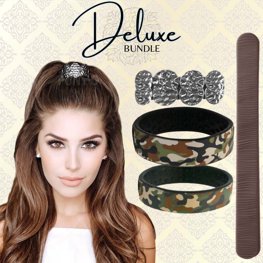 The Deluxe Bundle has one Limited Edition Designer Medium or Large PONY-O, one Small Limited Edition Designer PONY-O,  one BUN BARZ, and a beautiful stacked coin BLING RINGZ. 