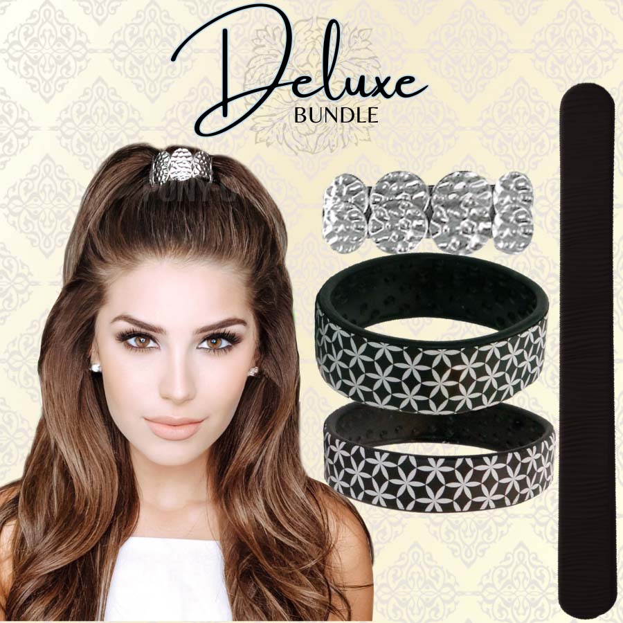 The Deluxe Bundle has one Limited Edition Designer Medium or Large PONY-O, one Small Limited Edition Designer PONY-O,  one BUN BARZ, and a beautiful stacked coin BLING RINGZ. 