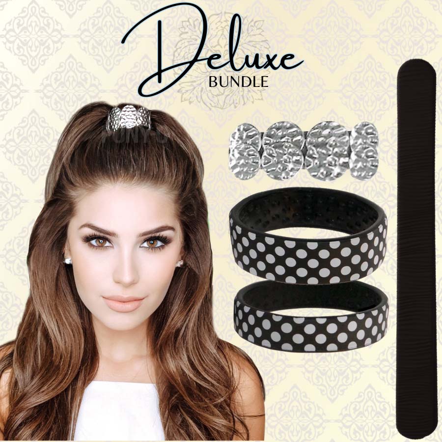 The Deluxe Bundle has one Limited Edition Designer Medium or Large PONY-O, one Small Limited Edition Designer PONY-O,  one BUN BARZ, and a beautiful stacked coin BLING RINGZ. 