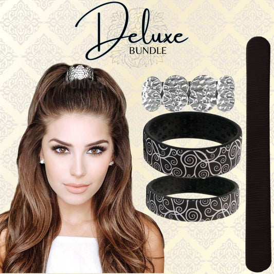 The Deluxe Bundle has one Limited Edition Designer Medium or Large PONY-O, one Small Limited Edition Designer PONY-O,  one BUN BARZ, and a beautiful stacked coin BLING RINGZ. 