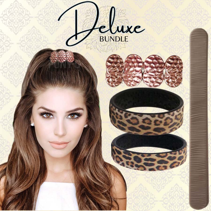 The Deluxe Bundle has one Limited Edition Designer Medium or Large PONY-O, one Small Limited Edition Designer PONY-O,  one BUN BARZ, and a beautiful stacked coin BLING RINGZ. 